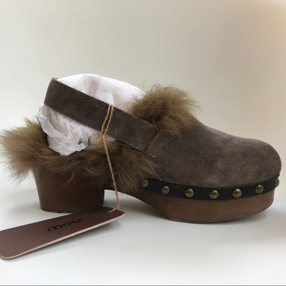 Mou Clogs fur leather and wood new in box sz 8